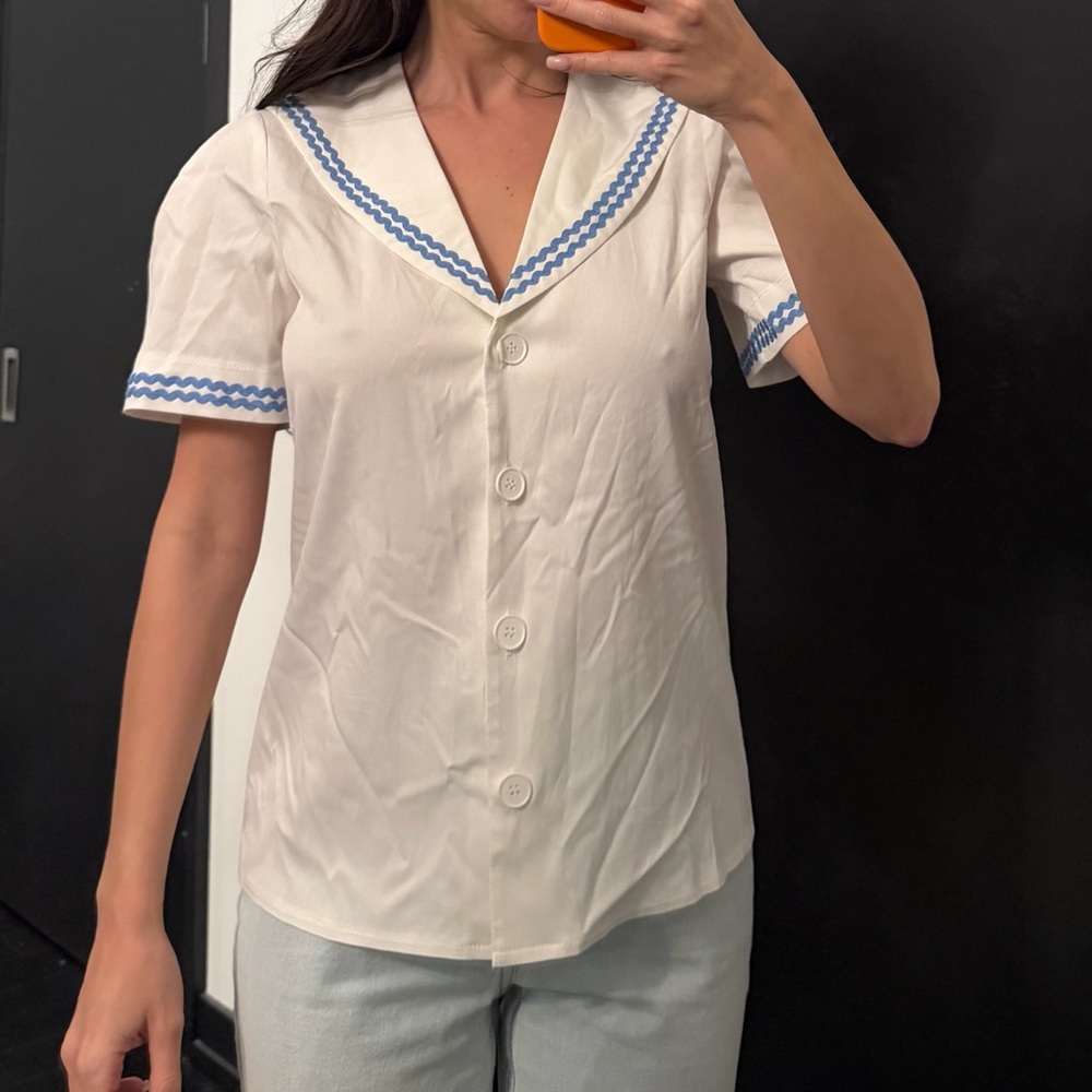 Elegant White Blouse with Blue Trim